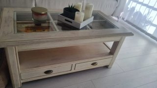 Mesa de centro madera blanco envejecido y cristal