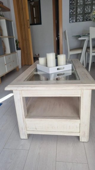 Mesa de centro madera blanco envejecido y cristal