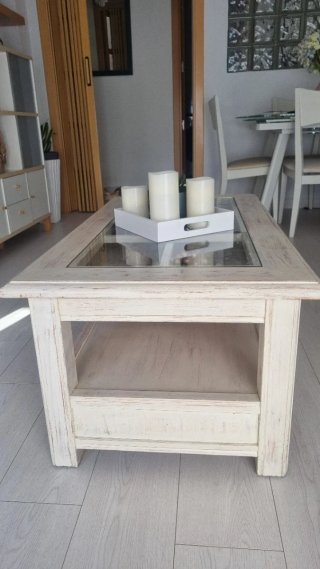 Mesa de centro madera blanco envejecido y cristal