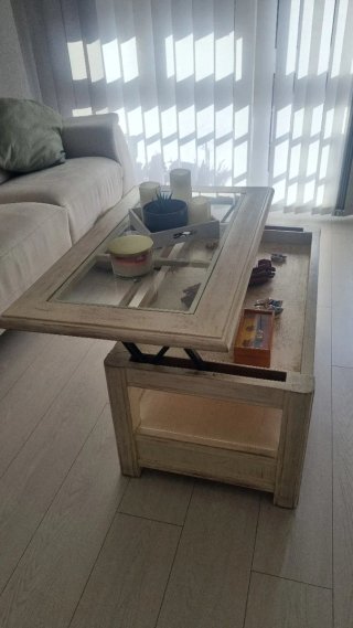 Mesa de centro madera blanco envejecido y cristal