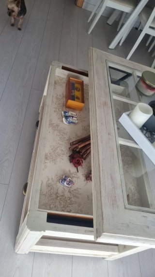 Mesa de centro madera blanco envejecido y cristal