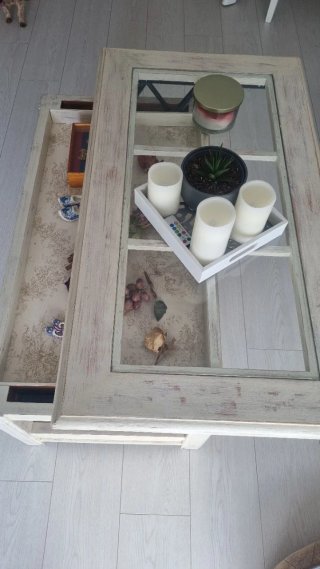 Mesa de centro madera blanco envejecido y cristal
