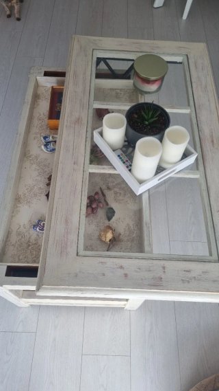 Mesa de centro madera blanco envejecido y cristal