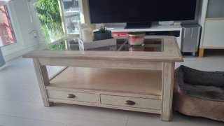 Mesa de centro madera blanco envejecido y cristal