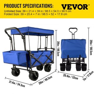 Carro Plegable con Toldo, Carro Plegable de 220 lbs, Carro de Playa con Ruedas Grandes y Toldo con Mangos Ajustables para Empujar y Tirar