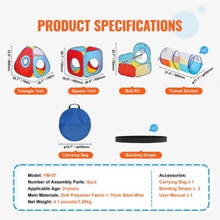5 en 1 Carpa de Juego para Niños con Túnel, Aro de Baloncesto para Niños, Niñas, Bebés y Niños Pequeños, Casa de Juego Plegable para Interior/Exterior con Bolsa de Transporte y Correas de Sujeción...