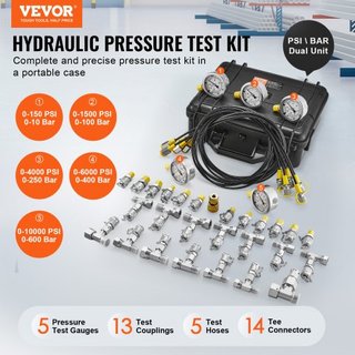 Kit per test di pressione idraulica, 10/100/250/400/600bar, 5 manometri 13 giunti 14 connettori a T 5 tubi di prova, set manometri idraulici per escavatori con custodia...