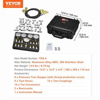 Kit per test di pressione idraulica, 10/100/250/400/600bar, 5 manometri 13 giunti 14 connettori a T 5 tubi di prova, set manometri idraulici per escavatori con custodia...