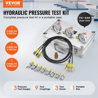 Kit per test di pressione idraulica, 250/400/600 bar, 3 manometri, 9 giunti di prova, 3 tubi di prova, set di manometri per escavatori idraulici con custodia per escavatore portatile...