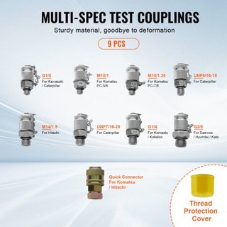 Kit per test di pressione idraulica, 250/400/600 bar, 3 manometri, 9 giunti di prova, 3 tubi di prova, set di manometri per escavatori idraulici con custodia per escavatore portatile...