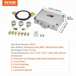 Kit per test di pressione idraulica, 250/400/600 bar, 3 manometri, 9 giunti di prova, 3 tubi di prova, set di manometri per escavatori idraulici con custodia per escavatore portatile...