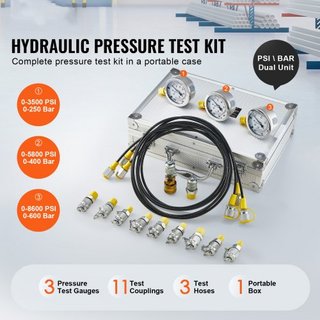 Kit di Test Pressione Idraulica, 250/400/600bar, 3 Manometri 11 Raccordi di Test 3 Tubi di Test, Set Manometro Idraulico per Escavatore con Custodia Portatile per Escavatori