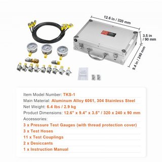 Kit di Test Pressione Idraulica, 250/400/600bar, 3 Manometri 11 Raccordi di Test 3 Tubi di Test, Set Manometro Idraulico per Escavatore con Custodia Portatile per Escavatori