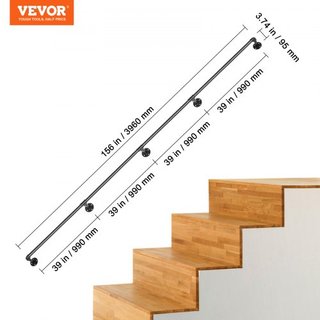 Corrimano a scala tubolare, corrimano a scala da 396,2 cm, corrimano in tubo di acciaio al carbonio con capacità di carico di 199,6 kg, corrimano in tubo industriale con staffa per montaggio a parete...