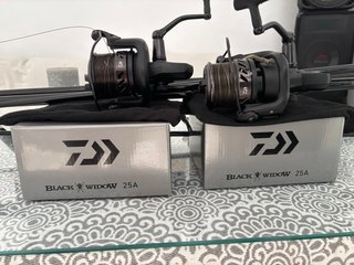 2 carretes Daiwa Black Widow 25A + 2 cañas