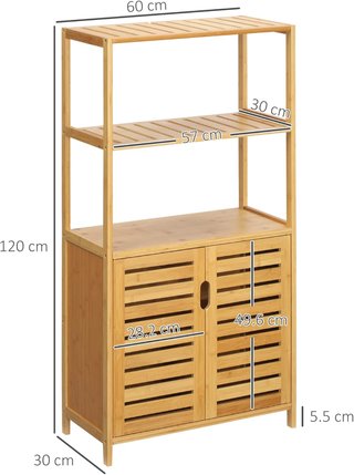 Mobile da Bagno con 2 Ripiani Aperti e Armadio a 2 Ante, Mobile Salvaspazio in Bambù 60X30X120Cm, Naturale