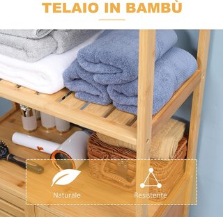 Mobile da Bagno con 2 Ripiani Aperti e Armadio a 2 Ante, Mobile Salvaspazio in Bambù 60X30X120Cm, Naturale