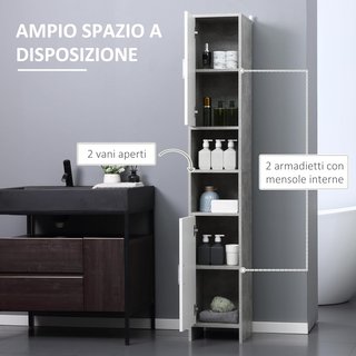 Colonna da Bagno con 2 Armadietti e 2 Scomparti Aperti, Mobile Alto Salvaspazio in Legno Effetto Cemento, 30X30X180Cm, Grigio