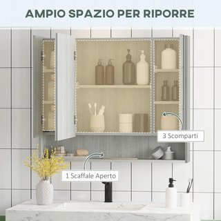Armadio con Specchio a 4 Sezioni con Ripiani Regolabili, Specchio da Bagno in Legno e Vetro, 90X15X75 Cm, Grigio
