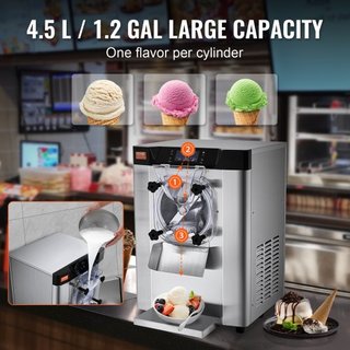 Máquina de Helados Comercial, Rendimiento de 12 L/H, Fabricante de Helados Duro de Sabor Único de Encimera de 1295W, Cilindro de Acero Inoxidable de 4.5L, Panel LED de Limpieza Automática Pre-enfr...