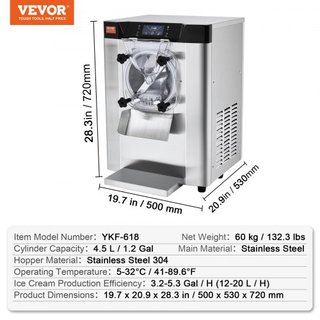 Máquina de Helados Comercial, Rendimiento de 12 L/H, Fabricante de Helados Duro de Sabor Único de Encimera de 1295W, Cilindro de Acero Inoxidable de 4.5L, Panel LED de Limpieza Automática Pre-enfr...