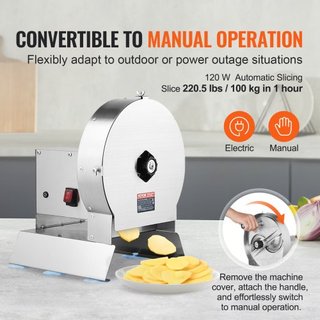 Cortadora de Verduras Eléctrica, Máquina de Cortar Comercial Ajustable de 0-0.5"/0-12mm, Convertible a Manual, Máquina Cortadora de Alimentos de Acero Inoxidable, para Papa, Limón, Tomate, Manzana
