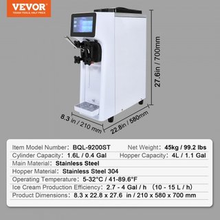 Máquina de Helados Comercial, Rendimiento de 10L/H, Fabricante de Helados Suaves de Sabor Único de Encimera de 900W, Tolva de 4L Cilindro de 1.6L, Pantalla Táctil Auto Limpieza Pre-enfriamiento, p...