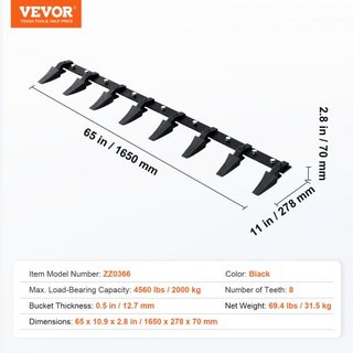 Barra de Dientes para Cubo, 66'', Barra de Cubo de Tractor de Alta Resistencia con 8 Dientes para Tractor Cargador Skidsteer, Capacidad de Carga de 4560 lbs Diseño Atornillado, para Excavación Efi...
