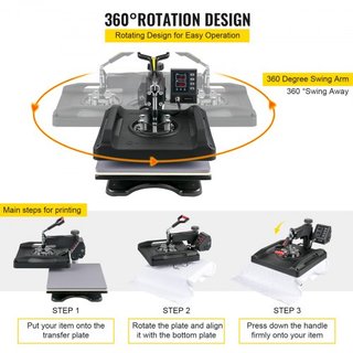 Máquina de Prensa Térmica 15 x 15 Pulgadas 360° Rotación Swing Away Prensa Térmica Negra 5 En 1 Máquina de Impresión de Camisetas 5 En 1 Prensa Térmica 1000W Máquina de Sublimación Calentamiento d...