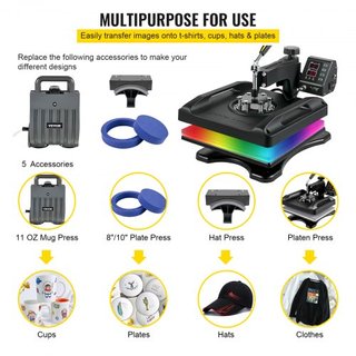 Máquina de Prensa Térmica 15 x 15 Pulgadas 360° Rotación Swing Away Prensa Térmica Negra 5 En 1 Máquina de Impresión de Camisetas 5 En 1 Prensa Térmica 1000W Máquina de Sublimación Calentamiento d...