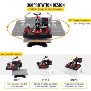 Máquina de Prensa de Calor 30.5x38.1 cm Rotación 360° Swing Away Prensa de Calor Roja 5 En 1 Máquina de Sublimación 1000W Máquina de Impresión de Camisetas 5 En 1 Calentamiento de Doble Tubo para ...