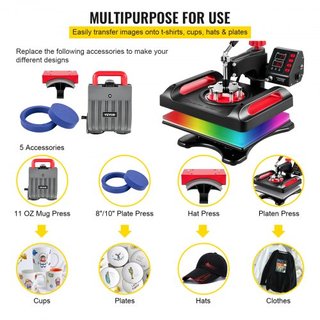 Máquina de Prensa de Calor 30.5x38.1 cm Rotación 360° Swing Away Prensa de Calor Roja 5 En 1 Máquina de Sublimación 1000W Máquina de Impresión de Camisetas 5 En 1 Calentamiento de Doble Tubo para ...