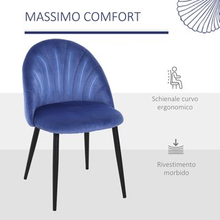 Set di 2 Sedie da Pranzo, Sedie Moderne con Schienale a Concha e Gambe in Metallo, Sedia in Velluto Imbottito per Cucina, Camera da Letto, Ufficio e Soggiorno, Blu