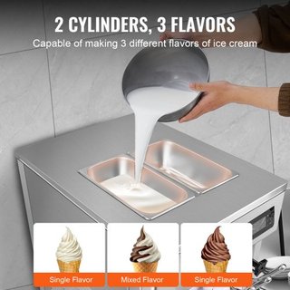 Máquina de Helados Comercial, Rendimiento de 18-28 L/H, 1650W Fabricante de Helados Suaves de 3 Sabores de Encimera, 2 x 5.5L Cilindro de Acero Inoxidable, Panel LED de Limpieza Automática Pre-enf...