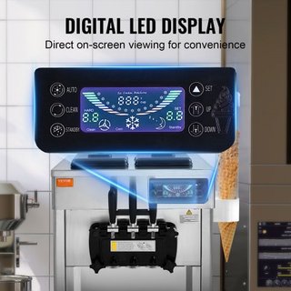 Máquina de Helados Comercial, Rendimiento de 18-28 L/H, 1650W Fabricante de Helados Suaves de 3 Sabores de Encimera, 2 x 5.5L Cilindro de Acero Inoxidable, Panel LED de Limpieza Automática Pre-enf...