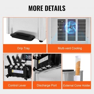 Máquina de Helados Comercial, Rendimiento de 18-28 L/H, 1650W Fabricante de Helados Suaves de 3 Sabores de Encimera, 2 x 5.5L Cilindro de Acero Inoxidable, Panel LED de Limpieza Automática Pre-enf...