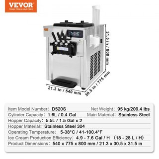 Máquina de Helados Comercial, Rendimiento de 18-28 L/H, 1650W Fabricante de Helados Suaves de 3 Sabores de Encimera, 2 x 5.5L Cilindro de Acero Inoxidable, Panel LED de Limpieza Automática Pre-enf...