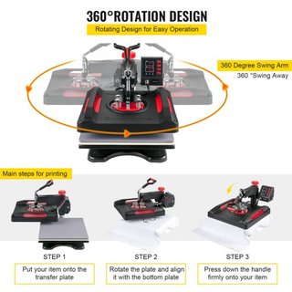 Máquina de Prensa Térmica 38.1x38.1 cm Rotación 360° Swing Away Prensa Térmica Roja 5 En 1 Máquina de Impresión de Camisetas 5 En 1 Prensa Térmica 1000W Máquina de Sublimación Calentamiento de Dob...