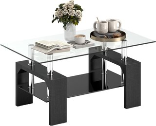 Mesa de Salón Moderna de 2 Niveles con Tablero de Vidrio Templado, Mesa de Sofá de Madera y Acero, Mesa de Café para Sala de Estar, 90X50X42 Cm, Negra