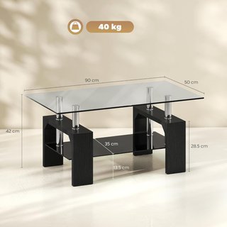 Mesa de Salón Moderna de 2 Niveles con Tablero de Vidrio Templado, Mesa de Sofá de Madera y Acero, Mesa de Café para Sala de Estar, 90X50X42 Cm, Negra