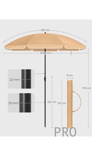 Parasol 160 cm, Sun Protection, UPF 50+, Beach Umbrella, 30°