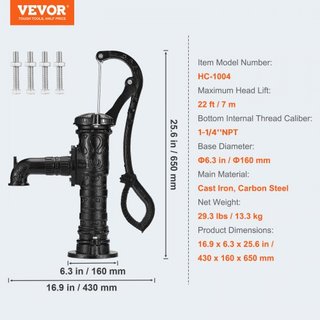 Bomba de Agua Manual de Hierro Fundido para Pozo Antiguo, Elevación Máxima de 6.7 m (22 pies), Bomba de Agua Manual con Mango Ergonómico NPT 31.8 mm (1-1/4") Instalación Fácil, Estilo Antiguo para...