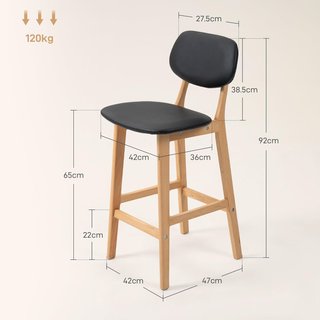 Set di 2 Sgabelli da Bar con Schienale e Rivestimento in Similpelle, Sgabelli Alti da Cucina con Gambe in Legno e Poggiapiedi, 42X47X92Cm, Nero