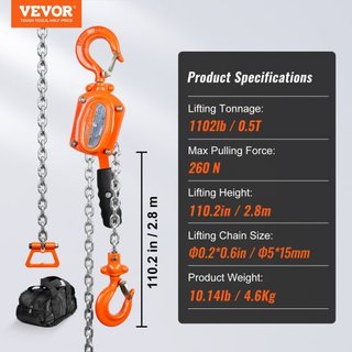 Paranco a Catena con Leva Manual, Capacità di 1/2 Tonnellata 499,5 kg 3,05m Come Along, Acciaio al Carbonio Zincato G80 con Freno a Doppia Leva Weston, Guida Automatica della Catena e Gancio Rotante...