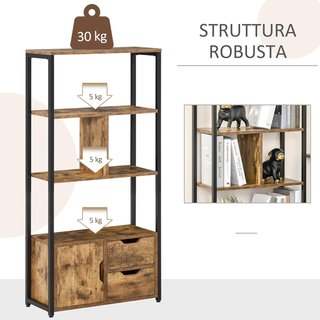 Mueble Librería Con 3 Estantes, Armario Y 2 Cajones, Librería Estilo Industrial En Aglomerado Y Metal, 58X24X122 Cm, Negro Y Color Madera