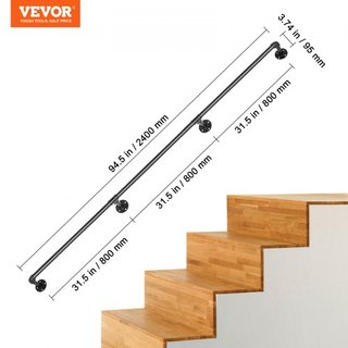 Passamani per scale in tubo, passamani per scale da 243,8 cm, passamani in tubo di acciaio al carbonio con capacità di carico 199,6 kg, passamani in tubo industriale con supporto di montaggio a parete