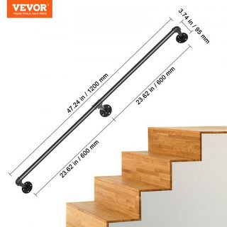 Passamani per scale in tubo, passamani per scale da 121,9 cm, passamani in tubo di acciaio al carbonio con capacità di carico 199,6 kg, passamani in tubo industriale con supporto a parete