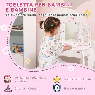 Mesa de Maquillaje para Niños con Taburete 2 en 1 Escritorio de Madera y Triple Espejo, Tocador de Maquillaje en MDF y Acrílico, 63X40X85.5 Cm, Blanco y Rosa
