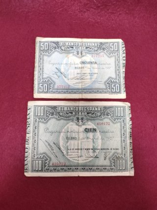 Lote 2 billetes 50 y 100 pesetas Bilbao 1937