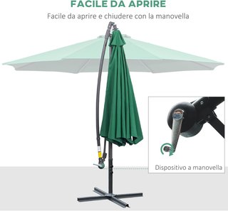 Sombrilla de Jardín 3X2.5 M de Brazo, Inclinable con Base Cruzada y Manivela, de Acero y Poliéster, Verde y Gris